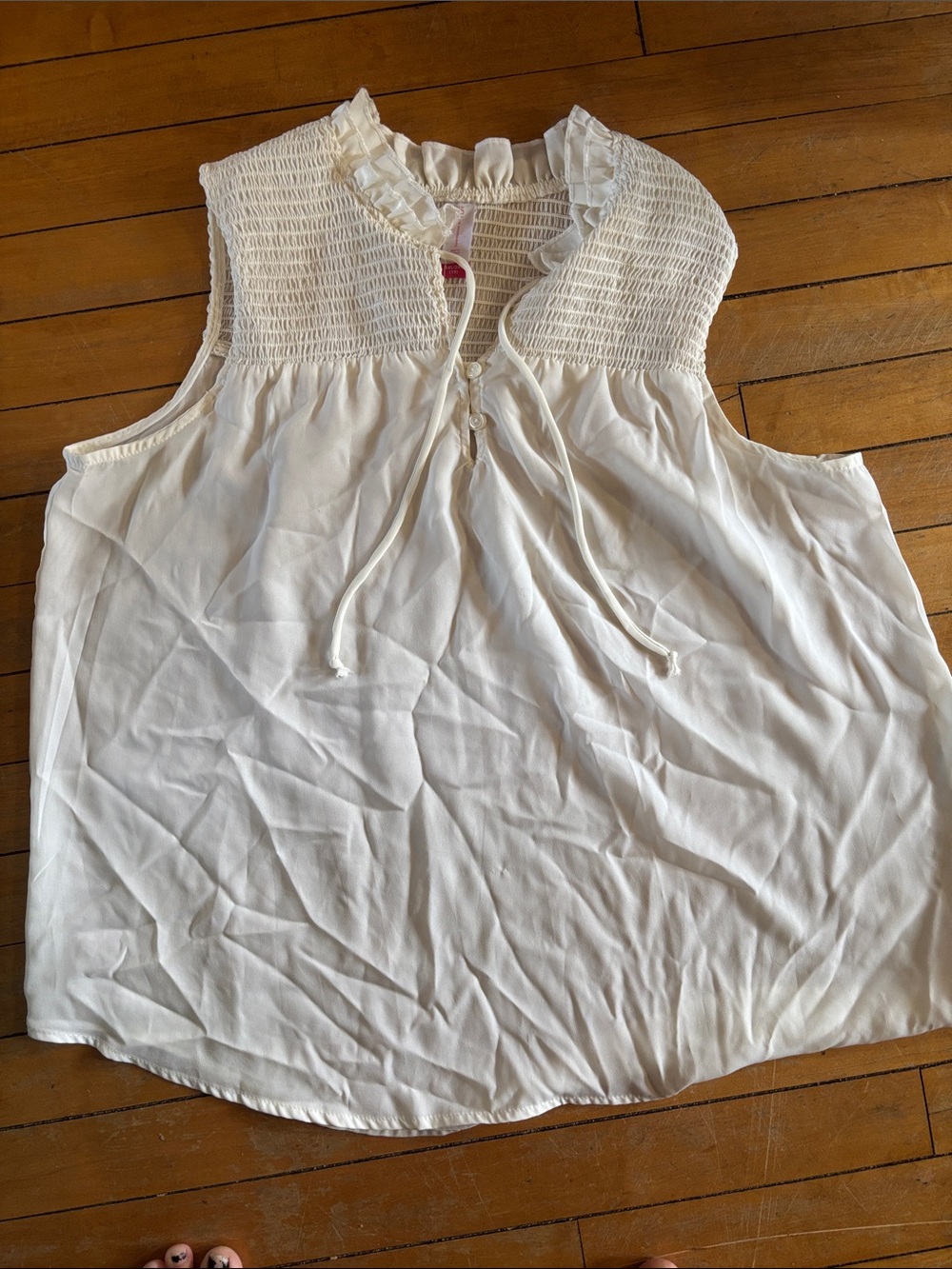 No Boundaries Cream Smocked Yoke Sleeveless Tie-Front Top